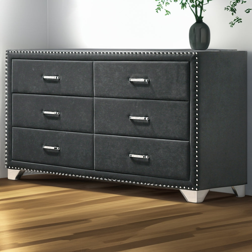 Cale 60 Inch Velvet Dresser, Modern Glam, 6 Drawer, Nailhead, Gray By Casagear Home