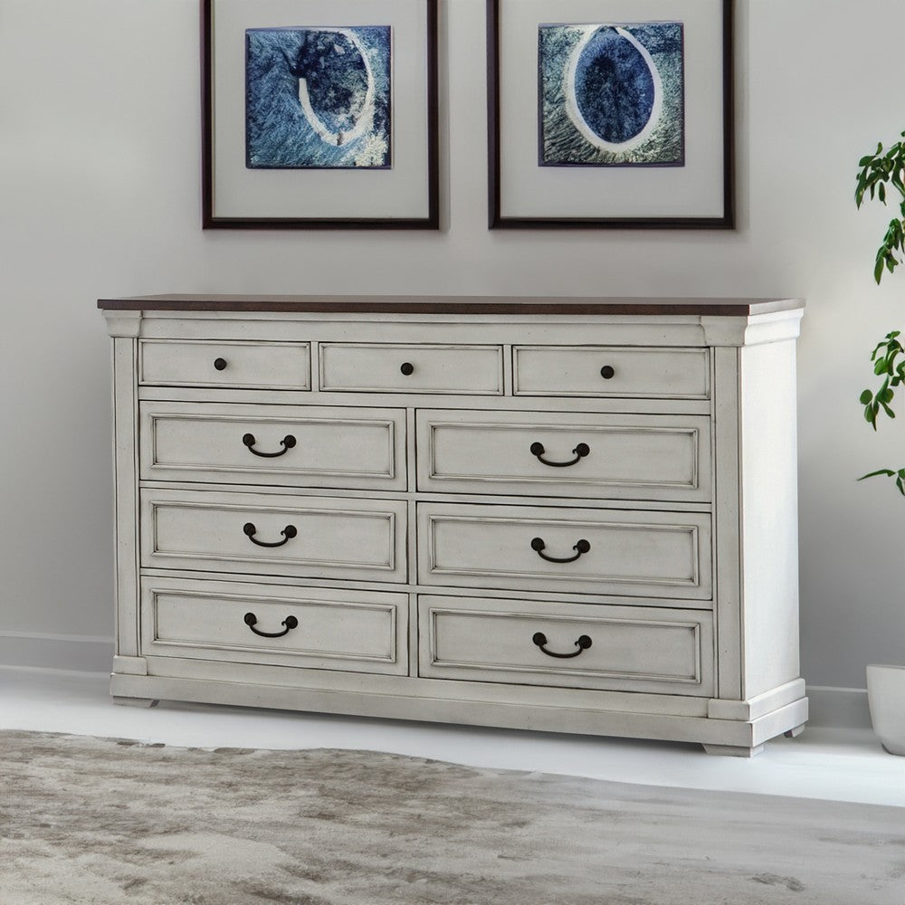 Ivy 63 Inch Modern Dresser 9 Drawers Drop Handles Wood Brown White By Casagear Home BM280353