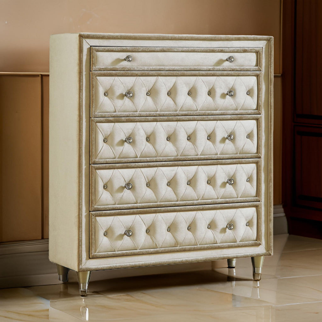 Matt 49 Inch Tall Dresser Chest, 5 Drawers, Button Tufted, Velvet, Ivory By Casagear Home