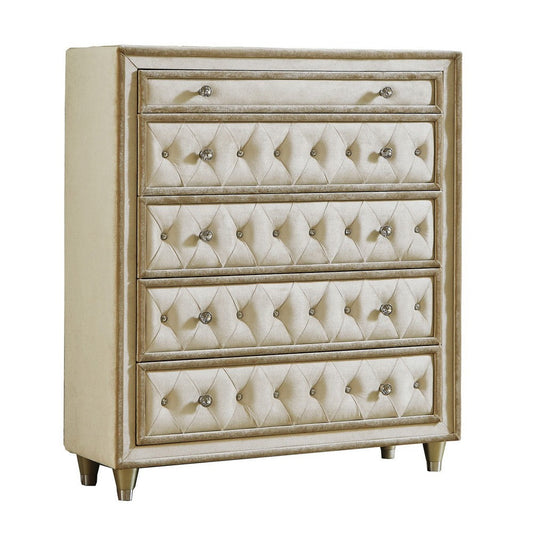 Matt 49 Inch Tall Dresser Chest, 5 Drawers, Button Tufted, Velvet, Ivory By Casagear Home