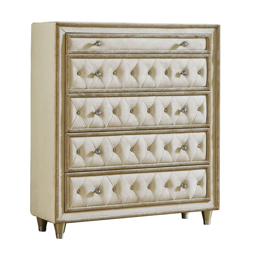 Matt 49 Inch Tall Dresser Chest 5 Drawers Button Tufted Velvet Ivory By Casagear Home BM280359