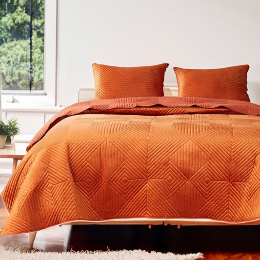 Ahab 3 Piece Velvet Full Quilt Set, Diamond Quilting Design, Orange By Casagear Home