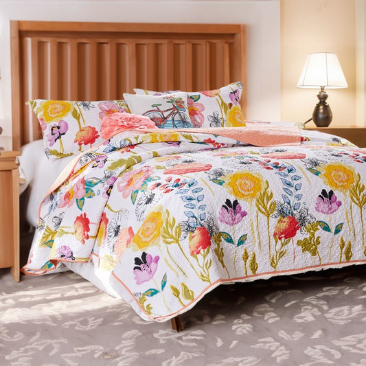 Mavi 5 Piece Reversible King Quilt Set, Spring Floral Print, Multicolor By Casagear Home