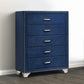 Cale 44 Inch Modern Glam Tall 5 Drawer Dresser Chest, Nailhead, Blue Velvet By Casagear Home