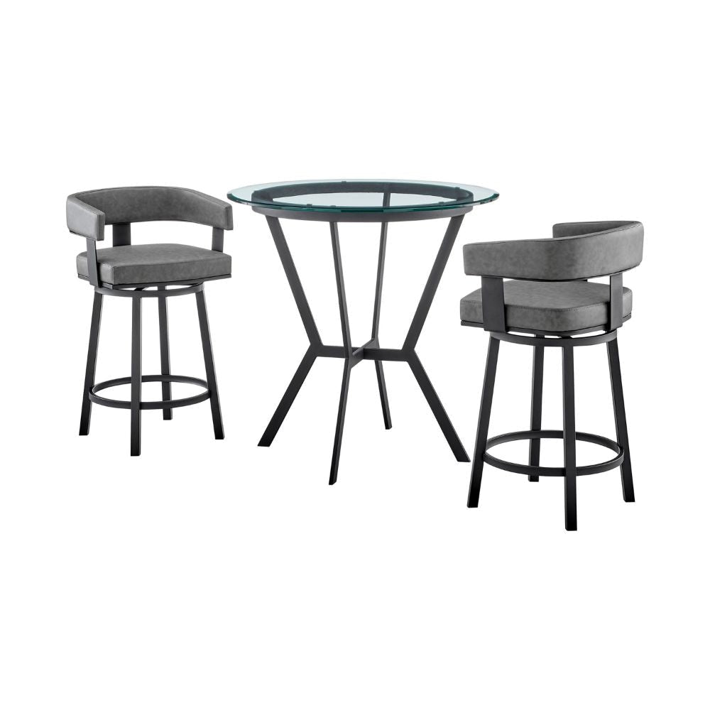 Aliya 3 Piece Counter Height Round Bar Dining Set, Black, Gray Leather By Casagear Home