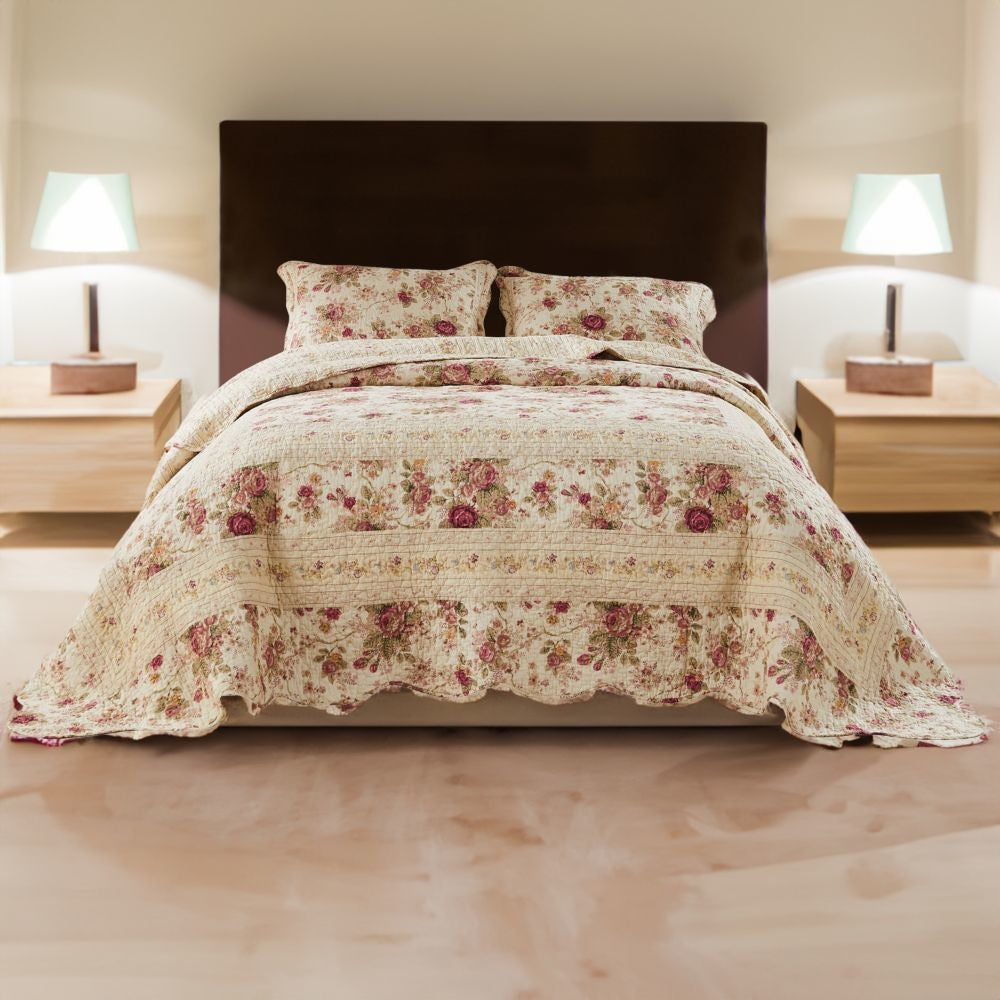 Rosle 3 Piece King Bedspread Set, Floral Print, Scalloped, Cream, Pink By Casagear Home