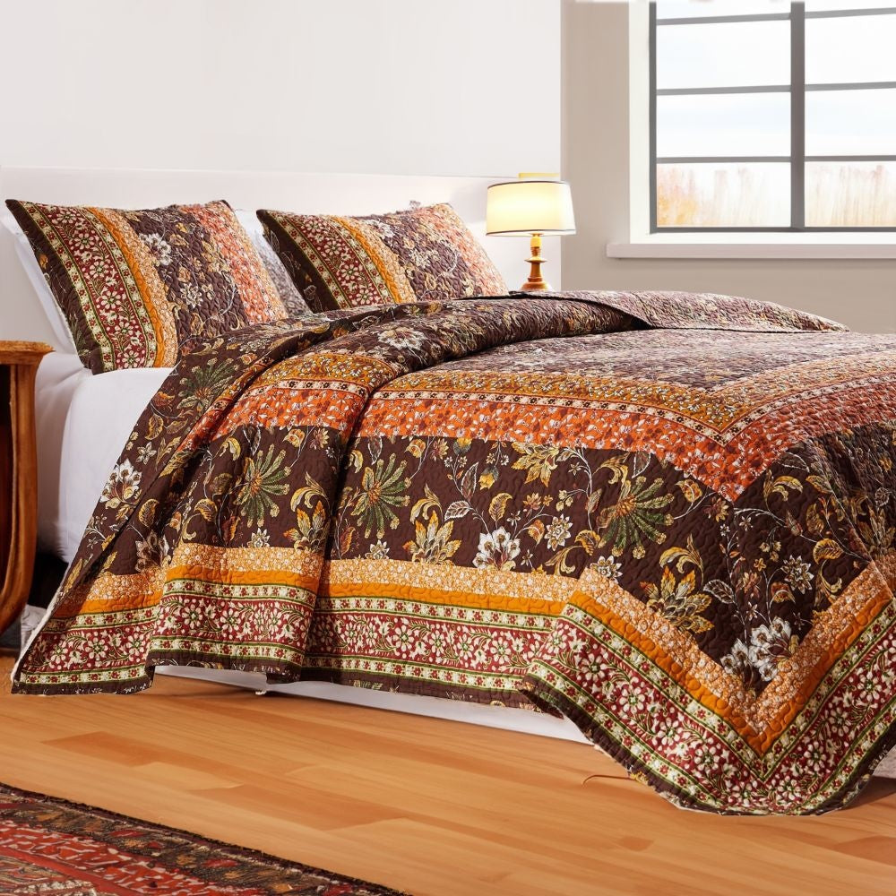 Dill 2 Piece Twin Quilt Set, Bohemian, Jacobean Floral Print, Brown, Orange By Casagear Home