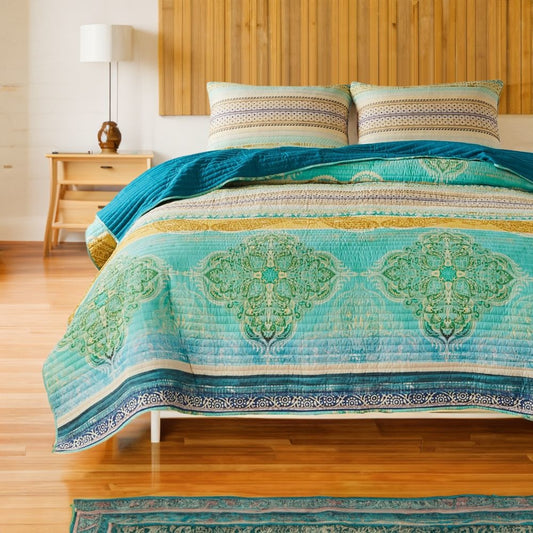 Dora 3 Piece Bohemian Full Quilt Set, Medallion, Paisley, Blue, Green By Casagear Home