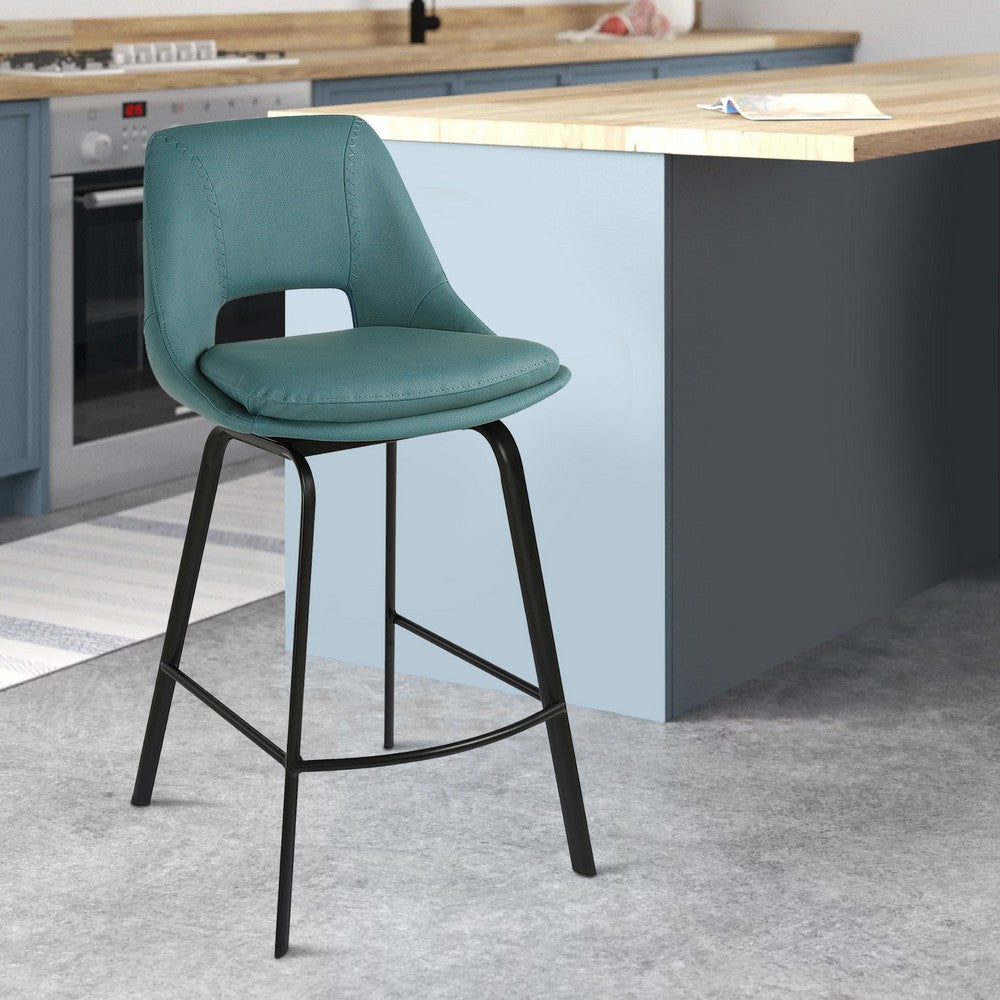 Ayn 30 Inch Modern Bar Stool Vegan Faux Leather Swivel Metal Blue By Casagear Home BM282101