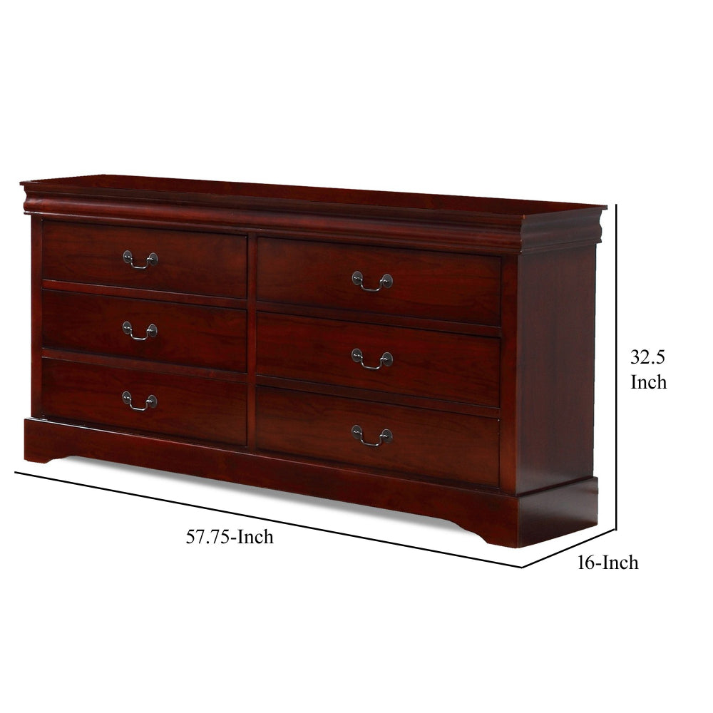 Liam 58 Inch 6 Drawer Wood Dresser Molded Trim Drop Handles Cherry Brown By Casagear Home BM283193