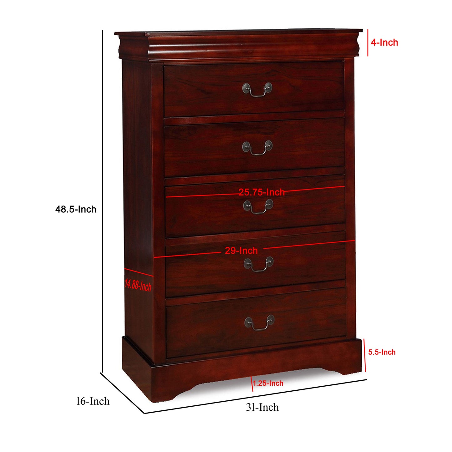 Liam 48 Inch 5 Drawer Wood Tall Dresser Chest Molded Trim Cherry Brown By Casagear Home BM283194