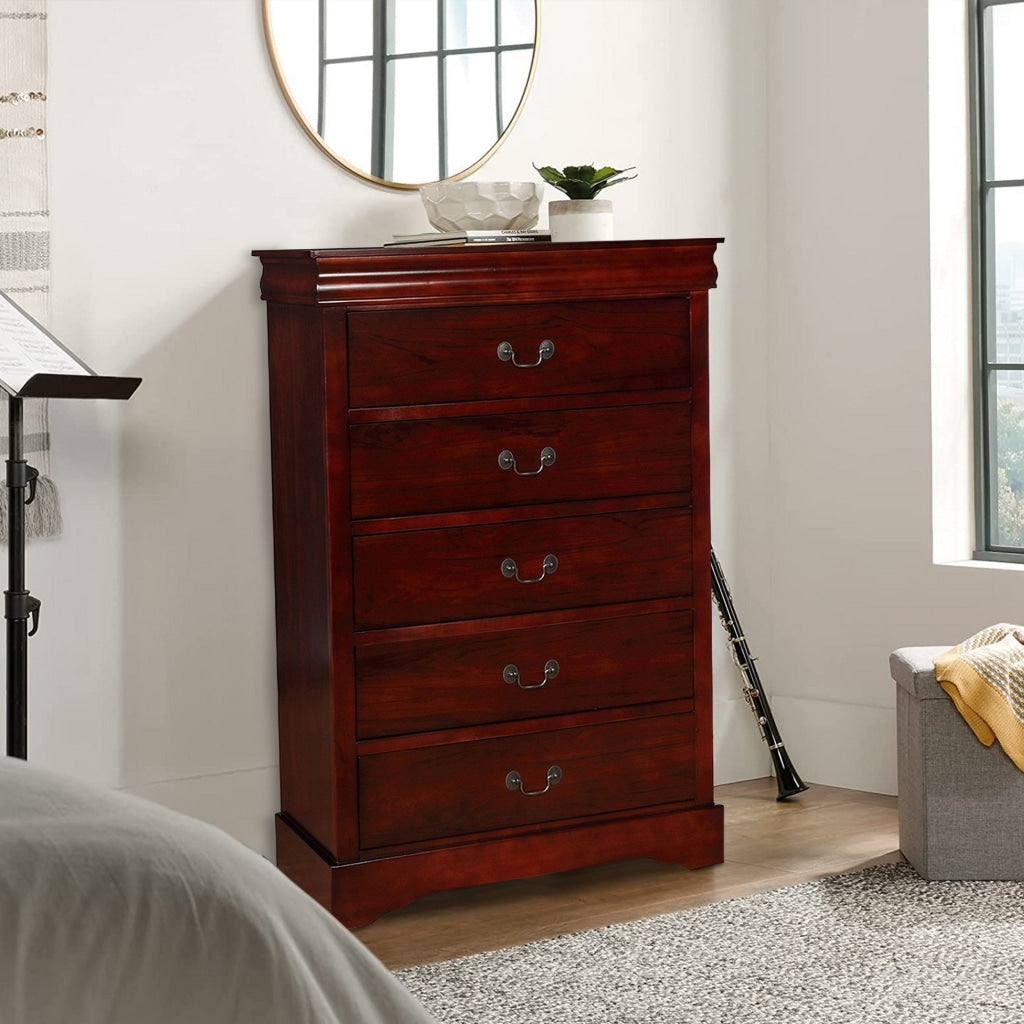 Liam 48 Inch 5 Drawer Wood Tall Dresser Chest, Molded Trim, Cherry Brown By Casagear Home