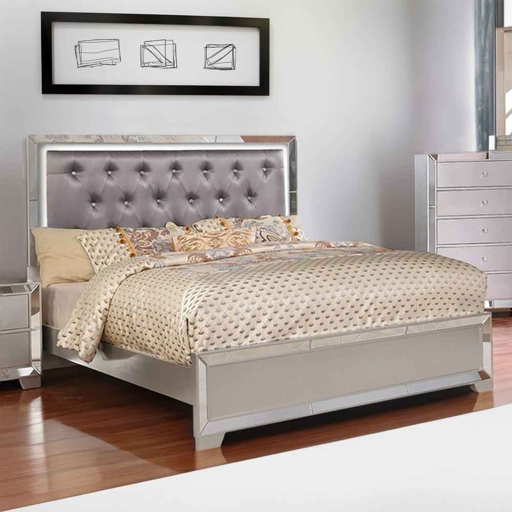 Eli Crystal Tufted Queen Bed, LED, Mirror Inlays, Wood, Gray Velvet, Silver By Casagear Home