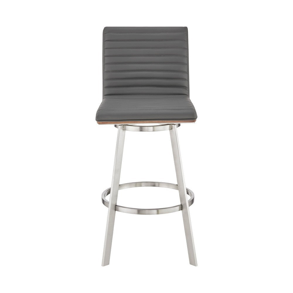 Aron 30 Inch Bar Height Swivel Stool Vegan Faux Leather Gray Chrome By Casagear Home BM283262