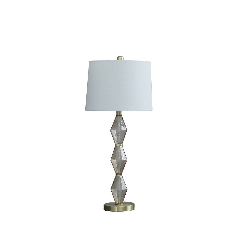 Ruth 30 Inch Accent Table Lamp, Glass Diamond Pedestal Base, White, Gold By Casagear Home