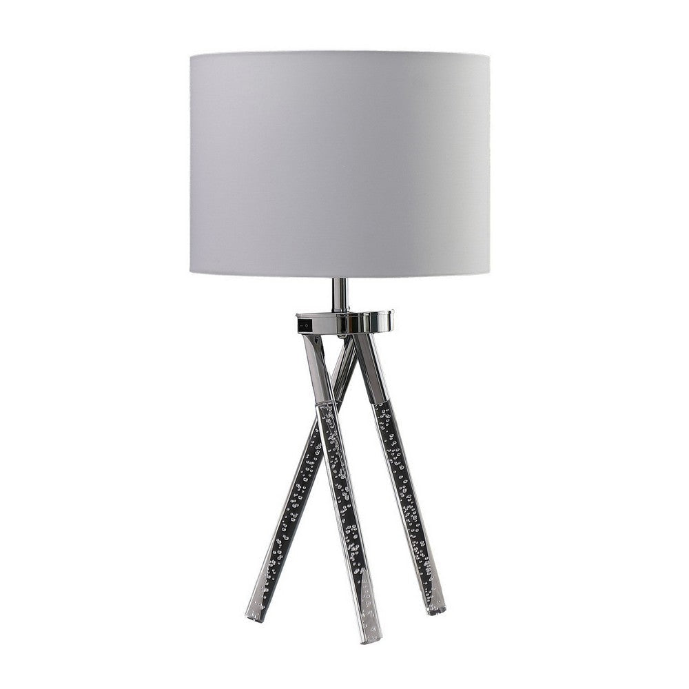 27 Inch Accent Table Lamp Hardback Fabric Drum Shade White Silver Chrome By Casagear Home BM283271