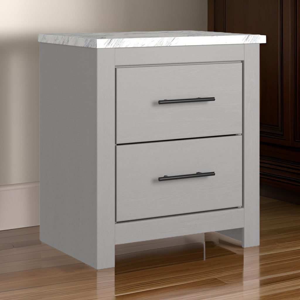 Finley 25 Inch Rustic Wood Nightstand 2 Drawer Marble Top Gray White By Casagear Home BM283310