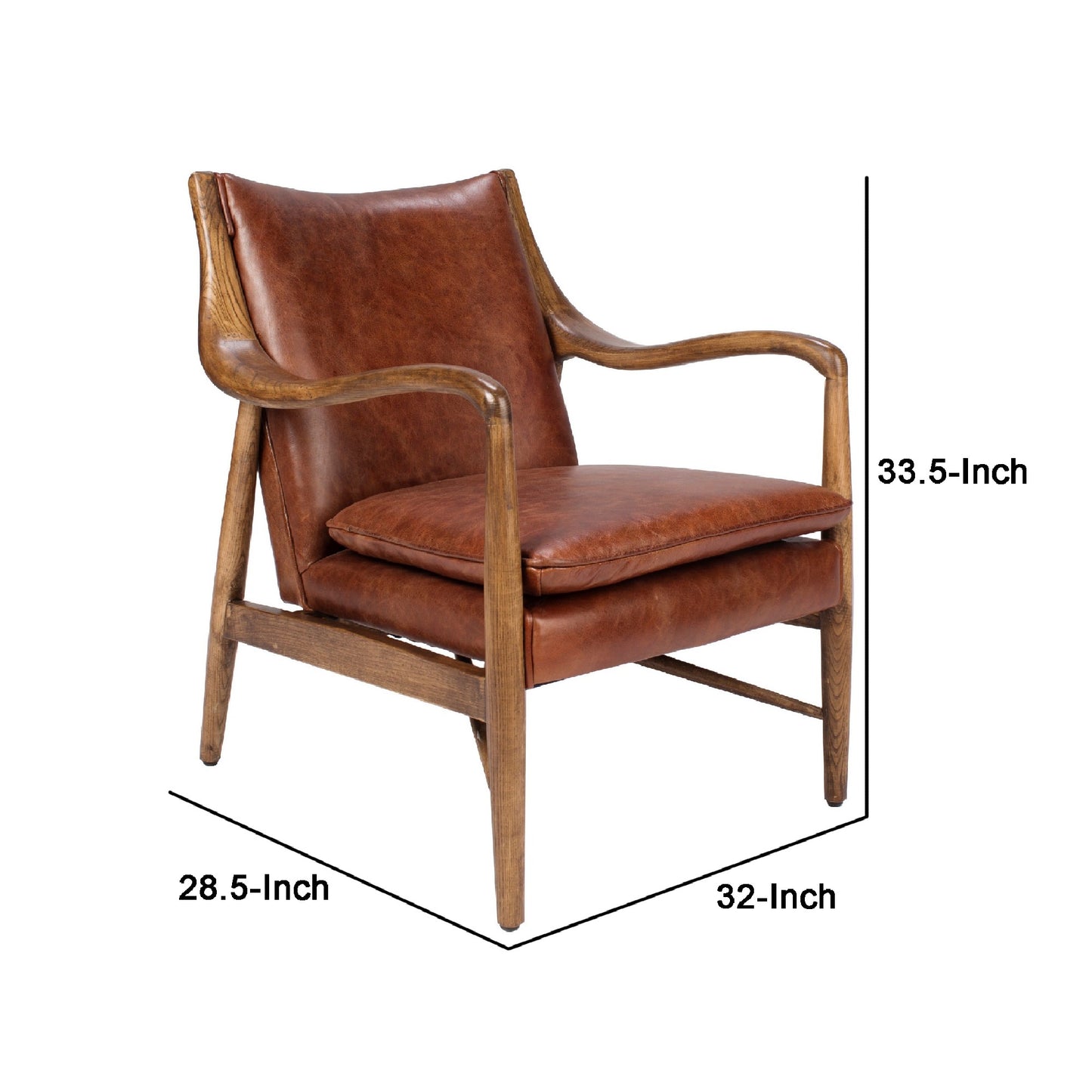 29 Inch Classic Wood Club Chair Top Grain Leather Seat Curved Arms Brown By Casagear Home BM283460