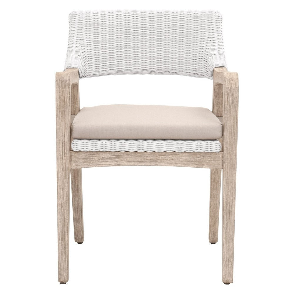 22 Inch Classic Wood Armchair Rattan Double Cushion White Gray Fabric By Casagear Home BM283502