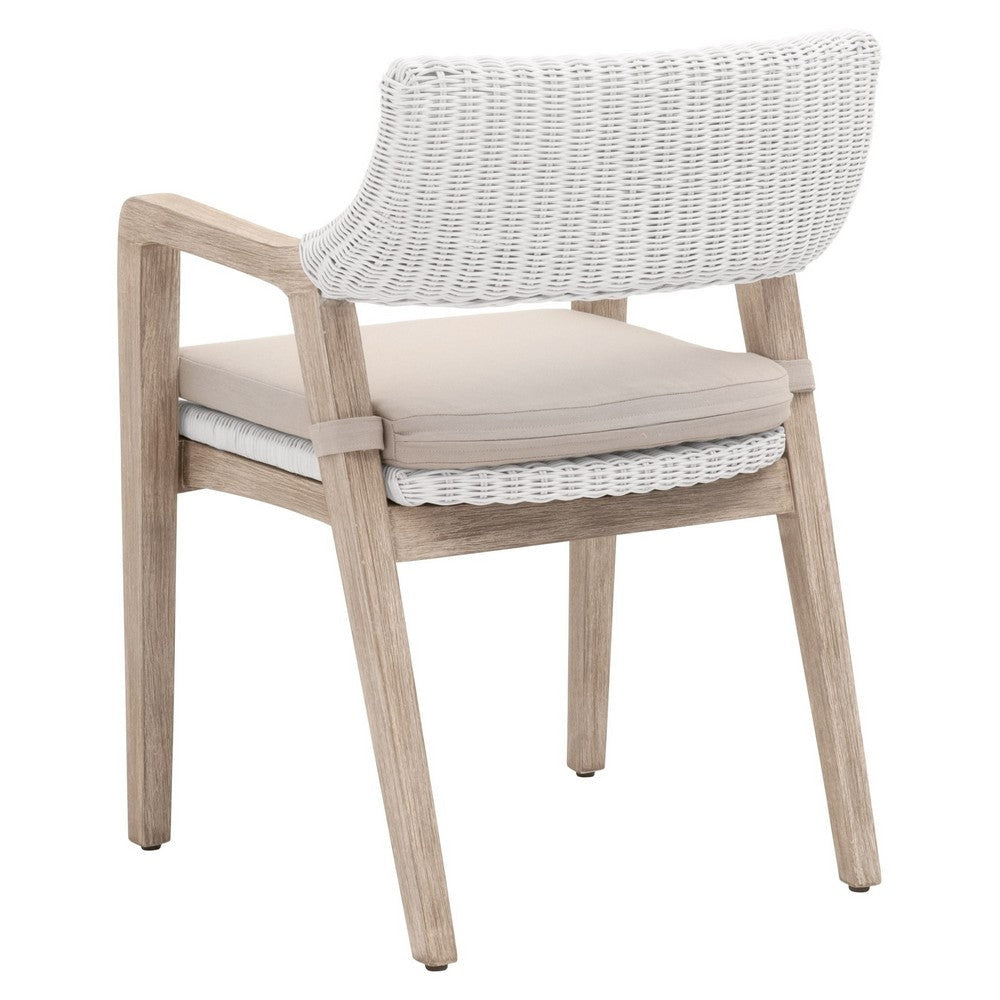 22 Inch Classic Wood Armchair Rattan Double Cushion White Gray Fabric By Casagear Home BM283502