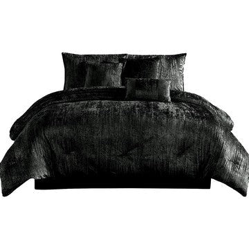 Jay 7 Piece King Comforter Set, Polyester Velvet, Deluxe Texture Black By Casagear Home