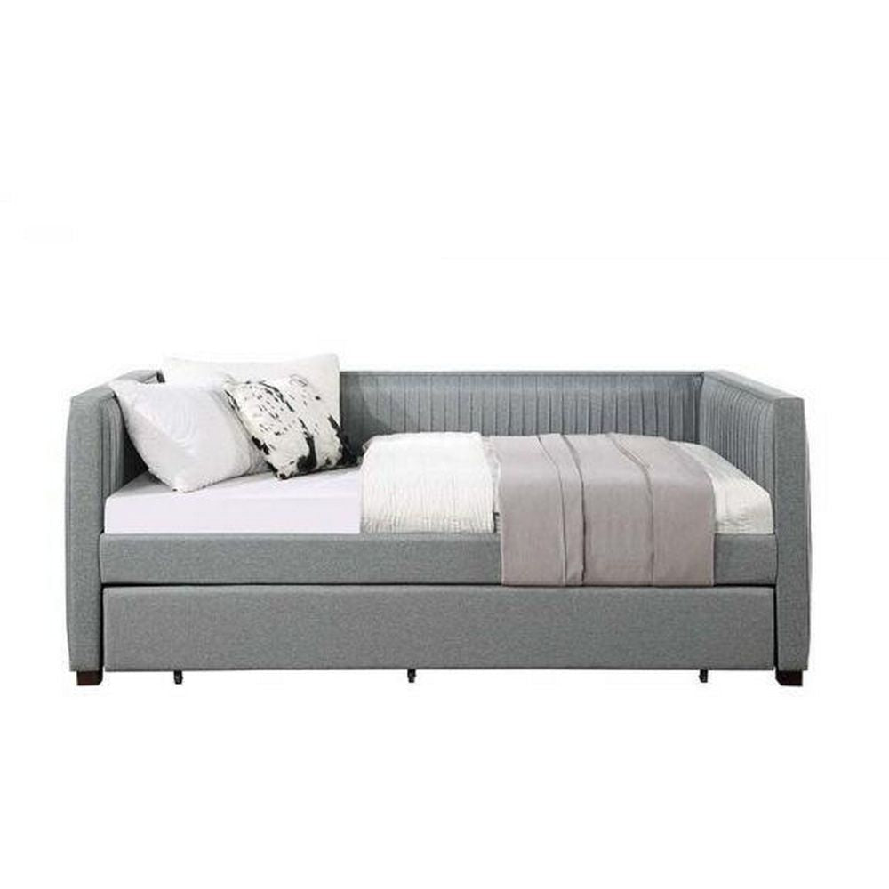 Classic Wood Daybed with Trundle Upholstered Pleated Design Gray Fabric By Casagear Home BM284022