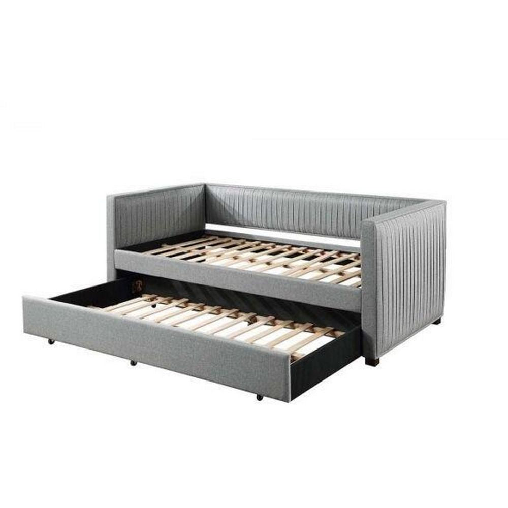 Classic Wood Daybed with Trundle Upholstered Pleated Design Gray Fabric By Casagear Home BM284022