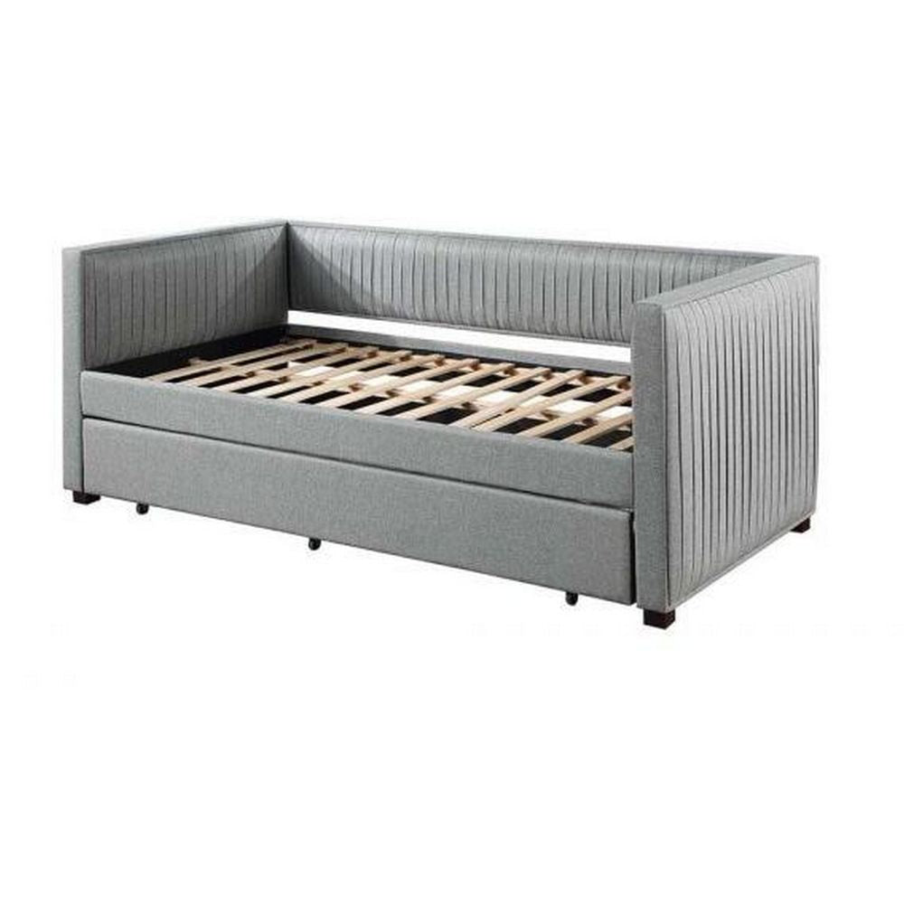 Classic Wood Daybed with Trundle, Upholstered, Pleated Design, Gray Fabric By Casagear Home