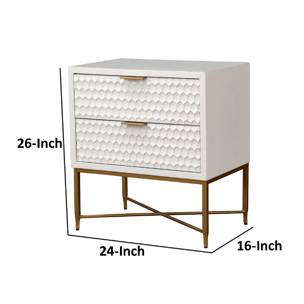 Rexi 26 Inch 2 Drawer Nightstand Honeycomb Mahogany Wood White Gold By Casagear Home BM284300