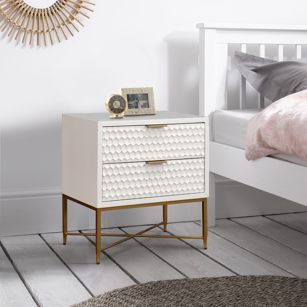 Rexi 26 Inch 2 Drawer Nightstand, Honeycomb, Mahogany Wood, White, Gold By Casagear Home