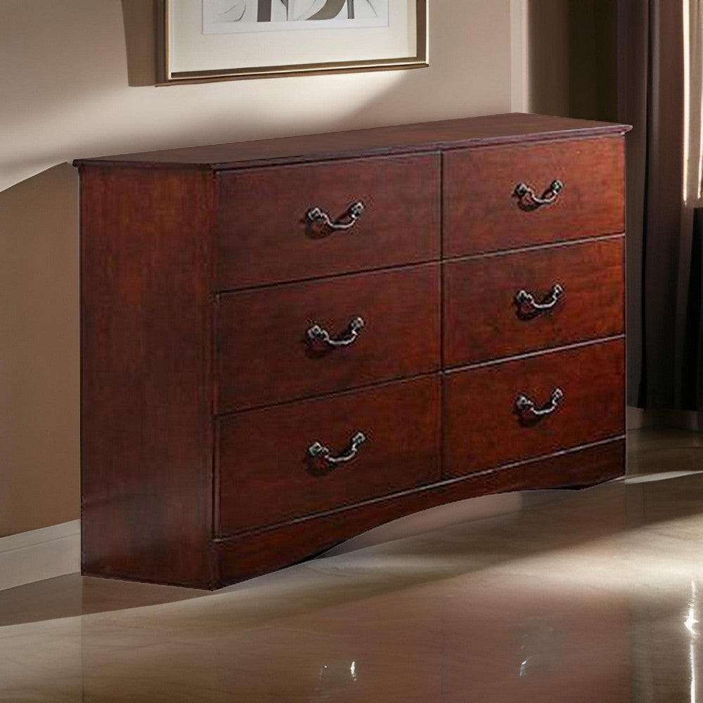 Bran 54 Inch 6 Drawer Dresser, Pine Wood, Grain Details, Cherry Brown By Casagear Home