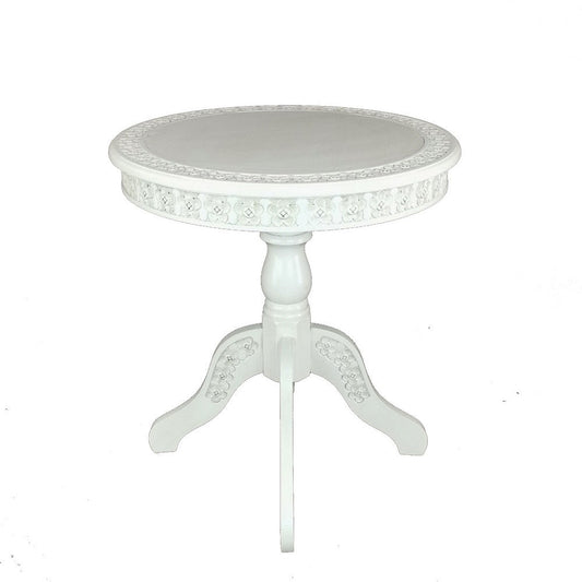 Theo 26 Inch Classic Wood Side Table, Round Tabletop, Floral Cared, White By Casagear Home