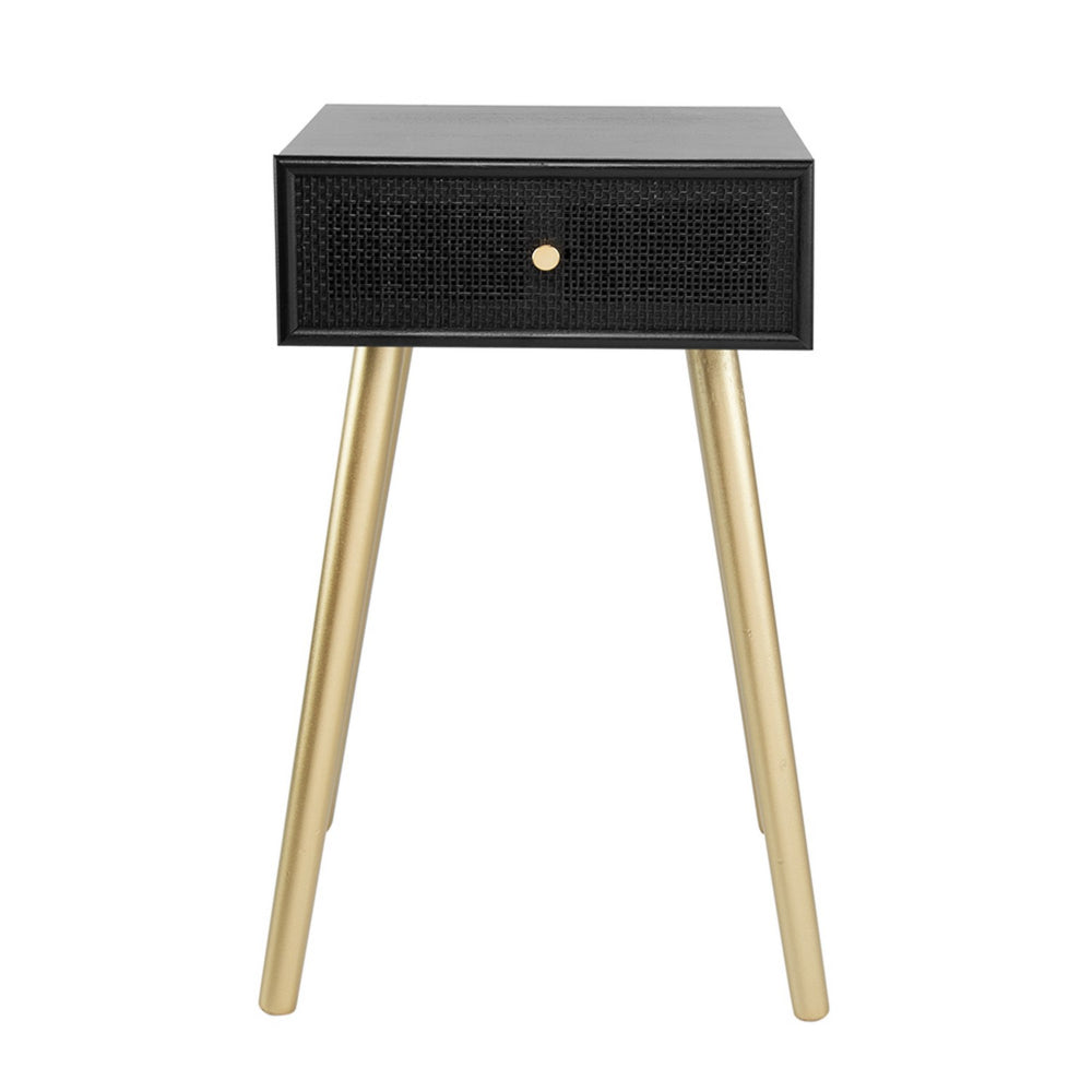 Gaia 28 Inch Pine Wood Side End Table Gliding Rattan Drawer Black Gold By Casagear Home BM284753