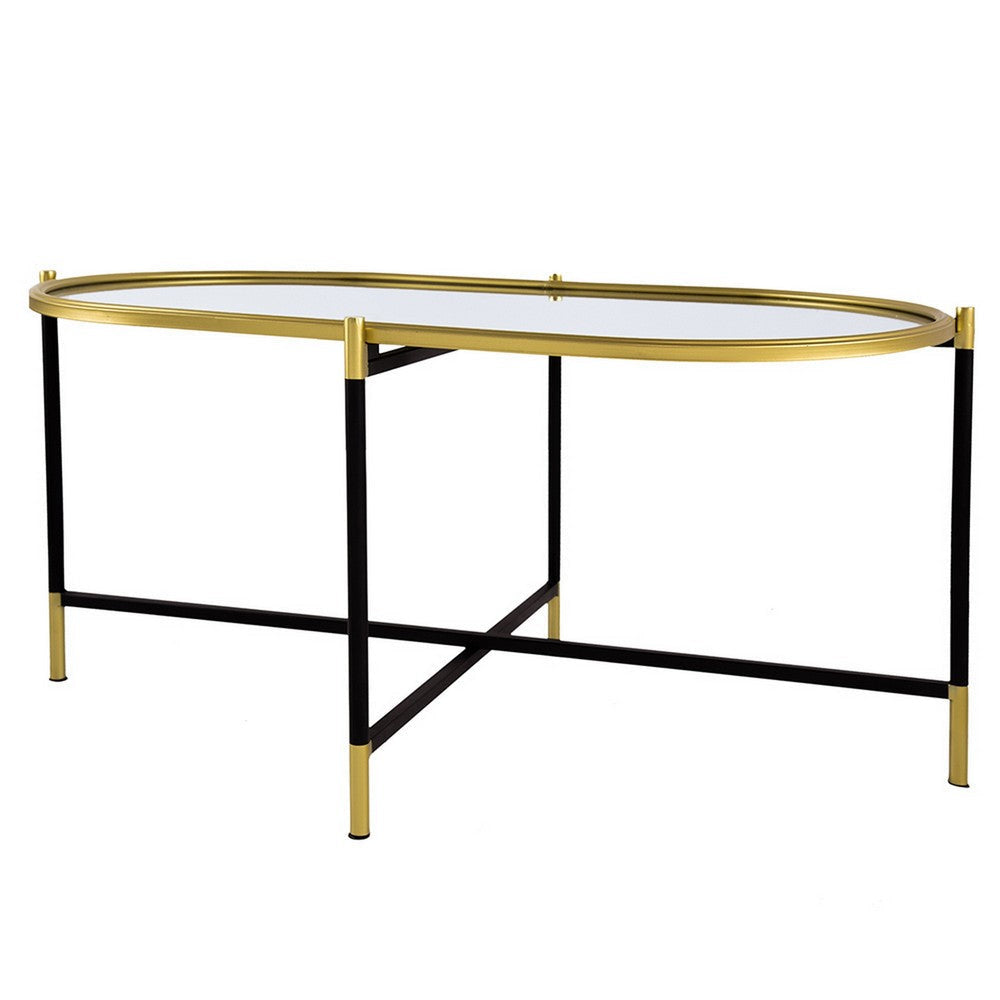 43 Inch Elongated Mirror Top Coffee Table Iron Frame Gold Finish Black By Casagear Home BM284761