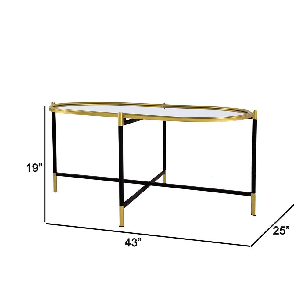 43 Inch Elongated Mirror Top Coffee Table Iron Frame Gold Finish Black By Casagear Home BM284761