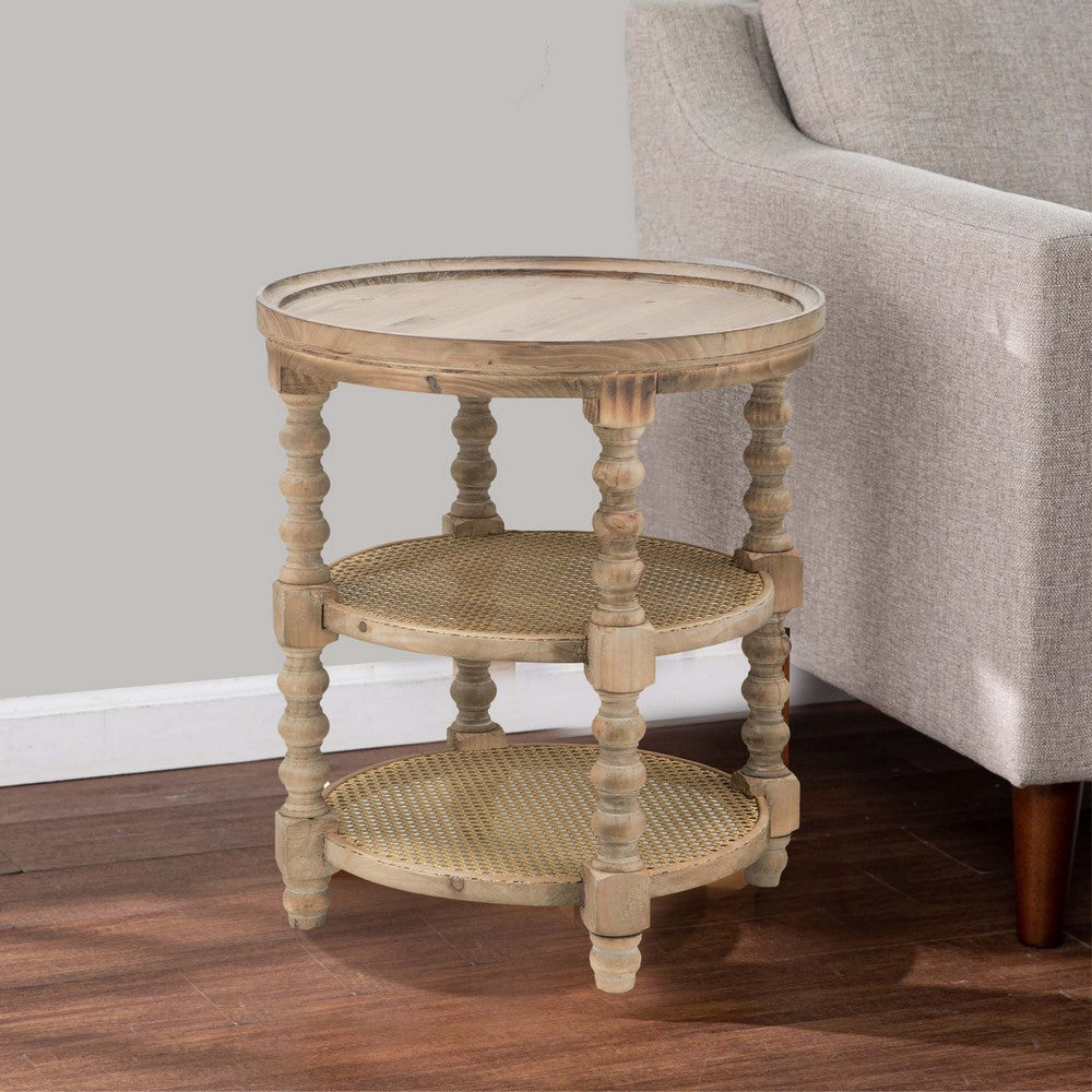 Jake 25 Inch 3 Tier Side Table, Fir Wood, 2 Woven Wicker Shelves, Brown By Casagear Home