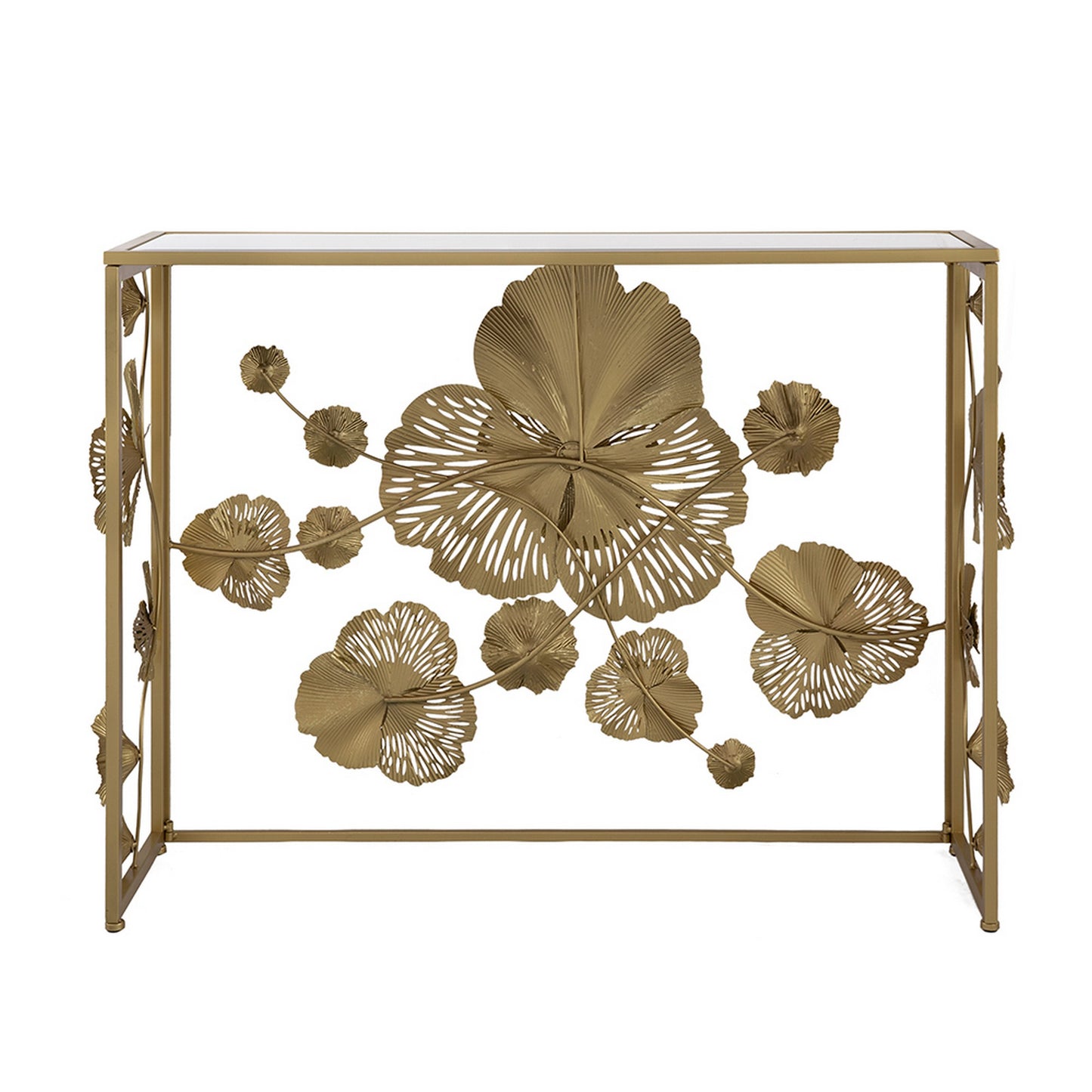 39 Inch Mirrored Top Console Table Elegant Floral Design Iron Matte Gold By Casagear Home BM284804