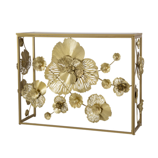 39 Inch Mirrored Top Console Table Elegant Floral Design Iron Matte Gold By Casagear Home BM284804