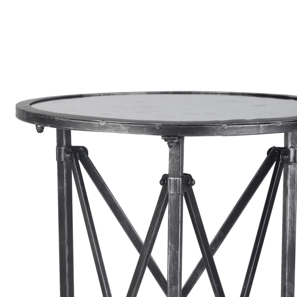 27 Inch Side Table Round Metal Body Glass Tabletop 3 Wheels Silver By Casagear Home BM284813