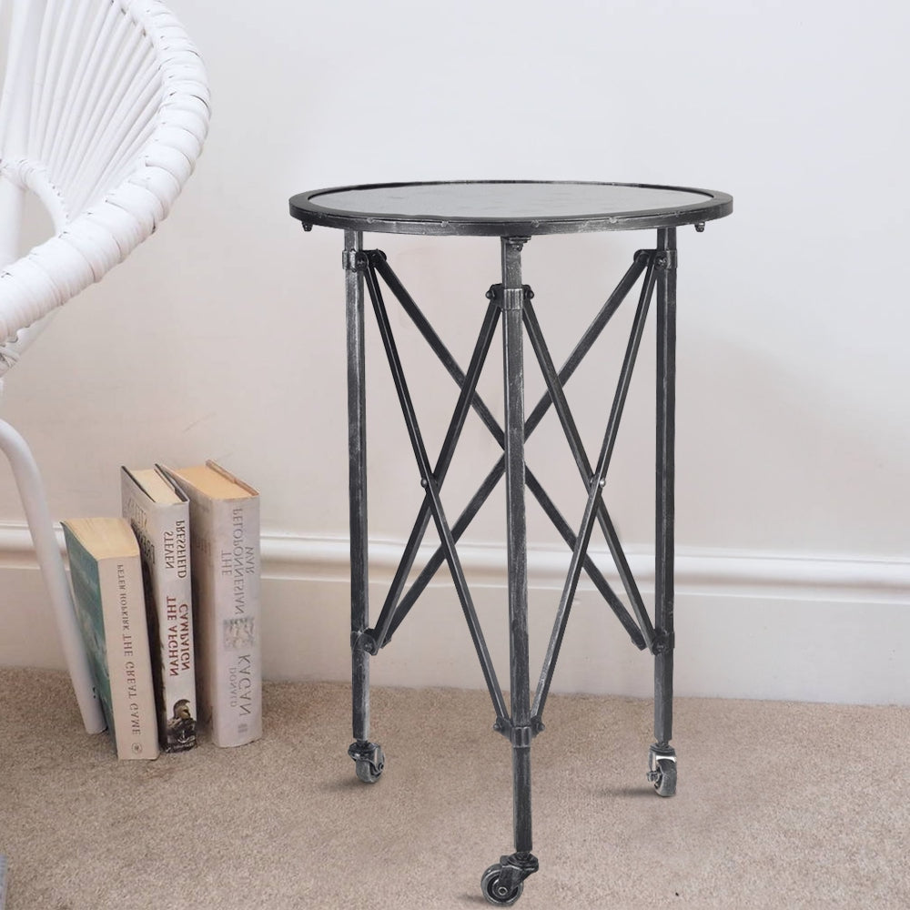 27 Inch Side Table, Round Metal Body, Glass Tabletop, 3 Wheels, Silver By Casagear Home