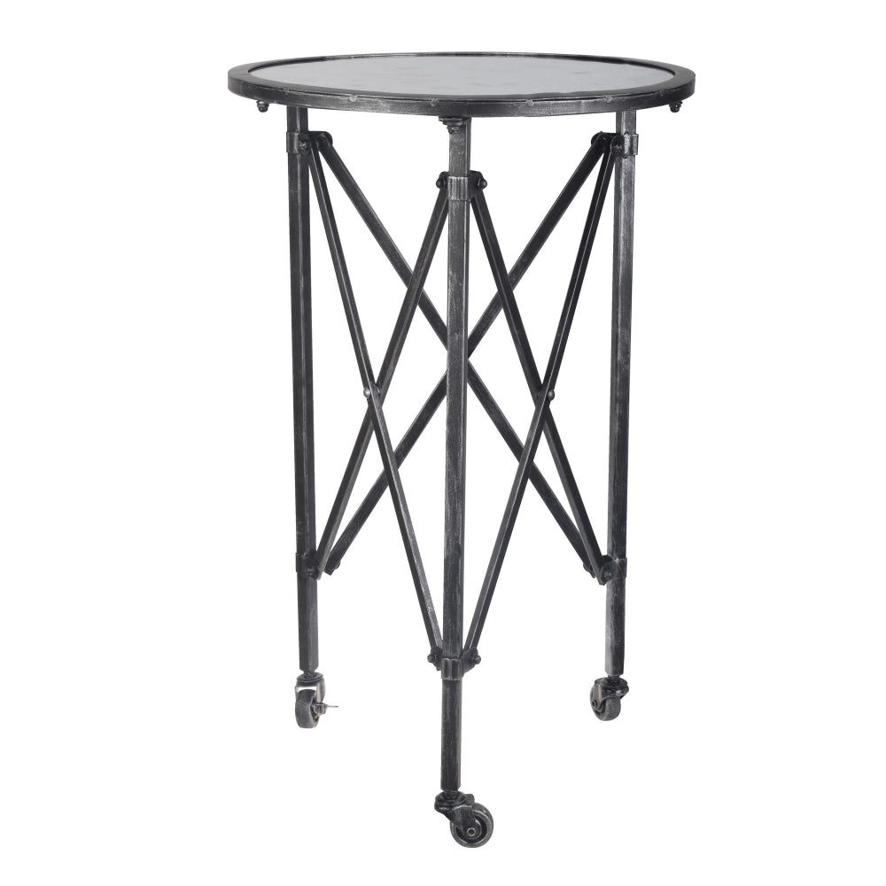 27 Inch Side Table Round Metal Body Glass Tabletop 3 Wheels Silver By Casagear Home BM284813