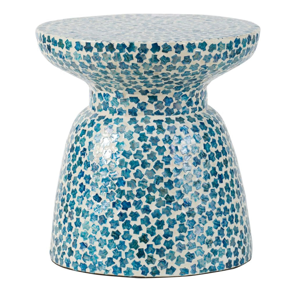 Ivy 16 Inch Round End Side Table, Bamboo Platform, Mosaic, Blue, White By Casagear Home