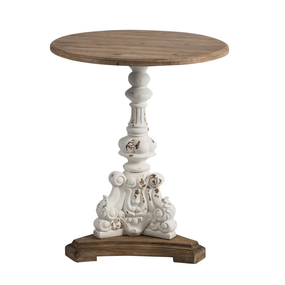 Prana 31 Inch Round Accent Table, Expertly Carved Fir Wood, Brown, Antique White By Casagear Home