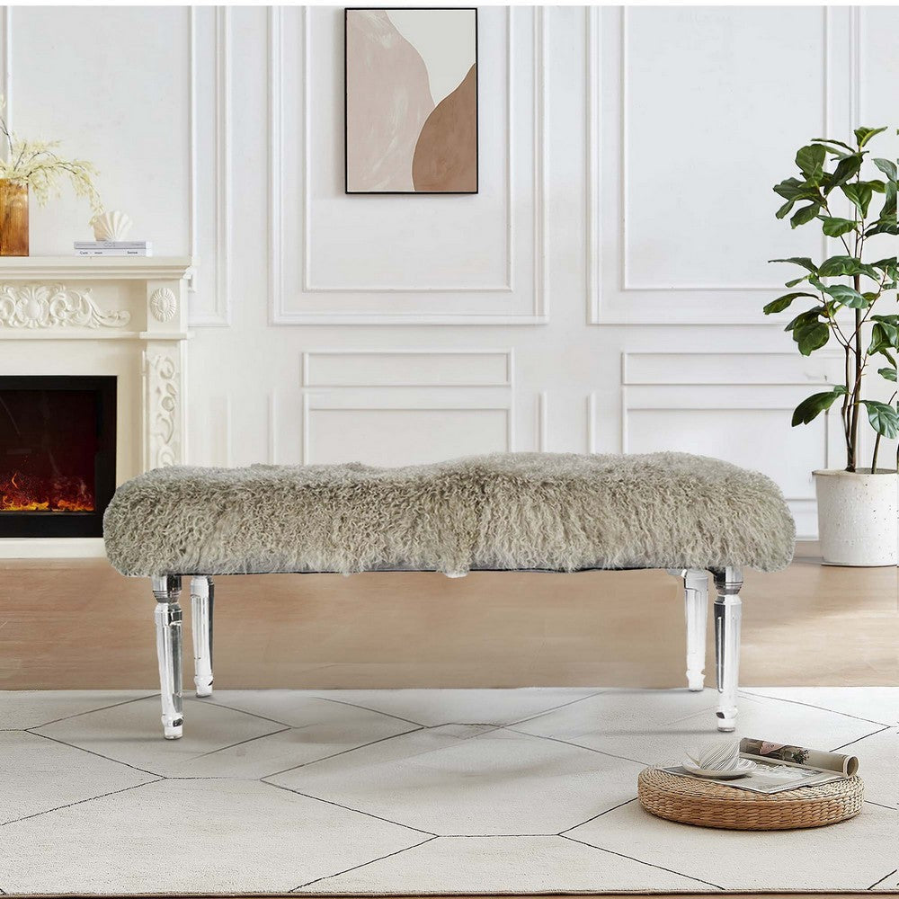 49 Inch Accent Bench Faux Fur Seat Clear Acrylic Legs Smooth Rich Brown By Casagear Home BM284929