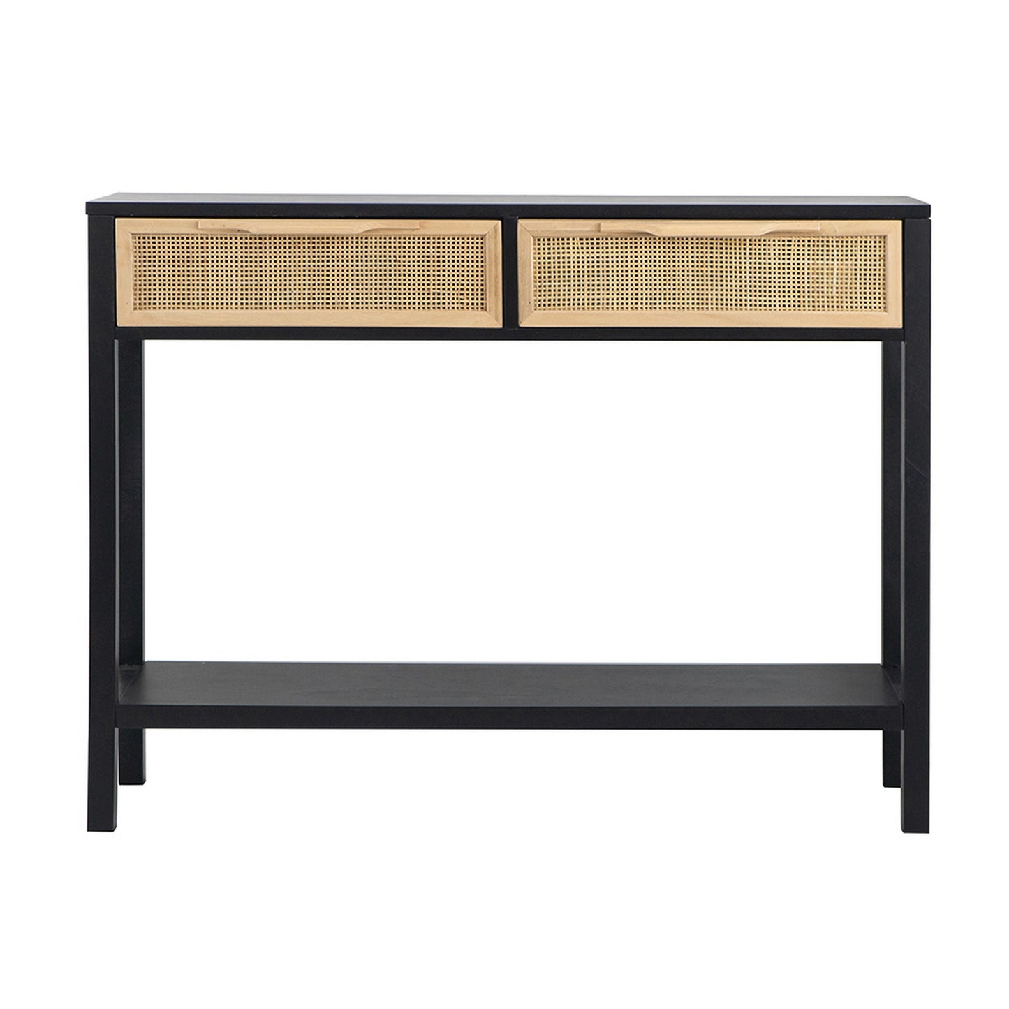 Dana 39 Inch Sofa Console Table 2 Rattan Drawers Black Finish Brown By Casagear Home BM284930