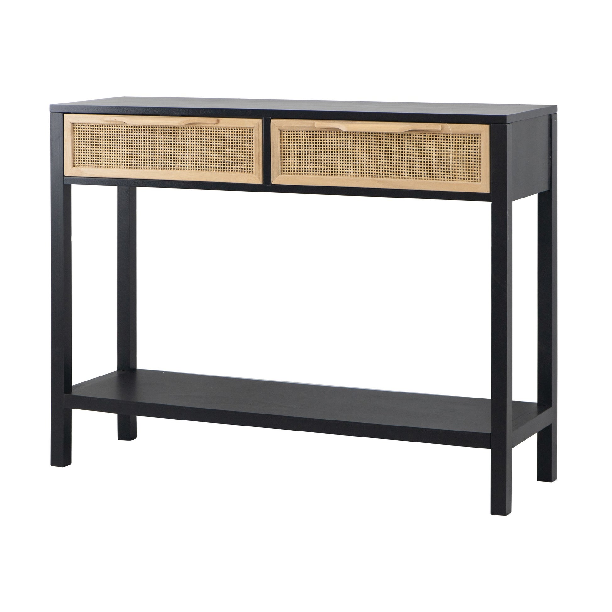 Dana 39 Inch Sofa Console Table 2 Rattan Drawers Black Finish Brown By Casagear Home BM284930