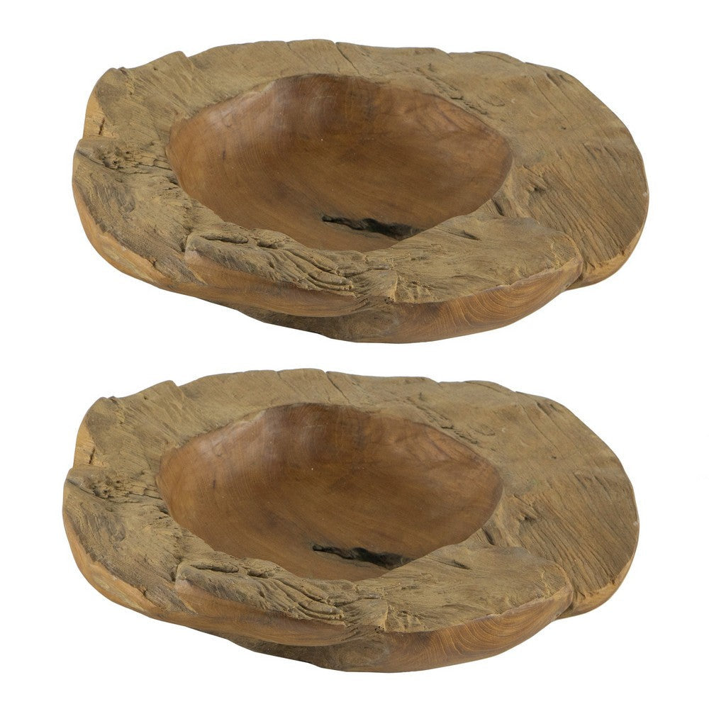 Set of 2 Decoratie Teak Wood Table Bowls, Brown, Natural Edge, Brown Finish By Casagear Home