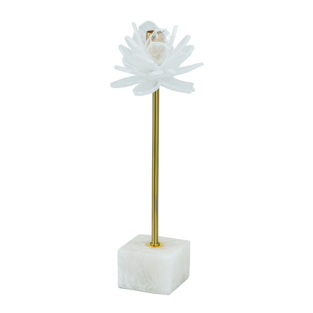 Sel 14 Inch Candle Holder with Modern Selenite Stone Accent, Gold and White By Casagear Home