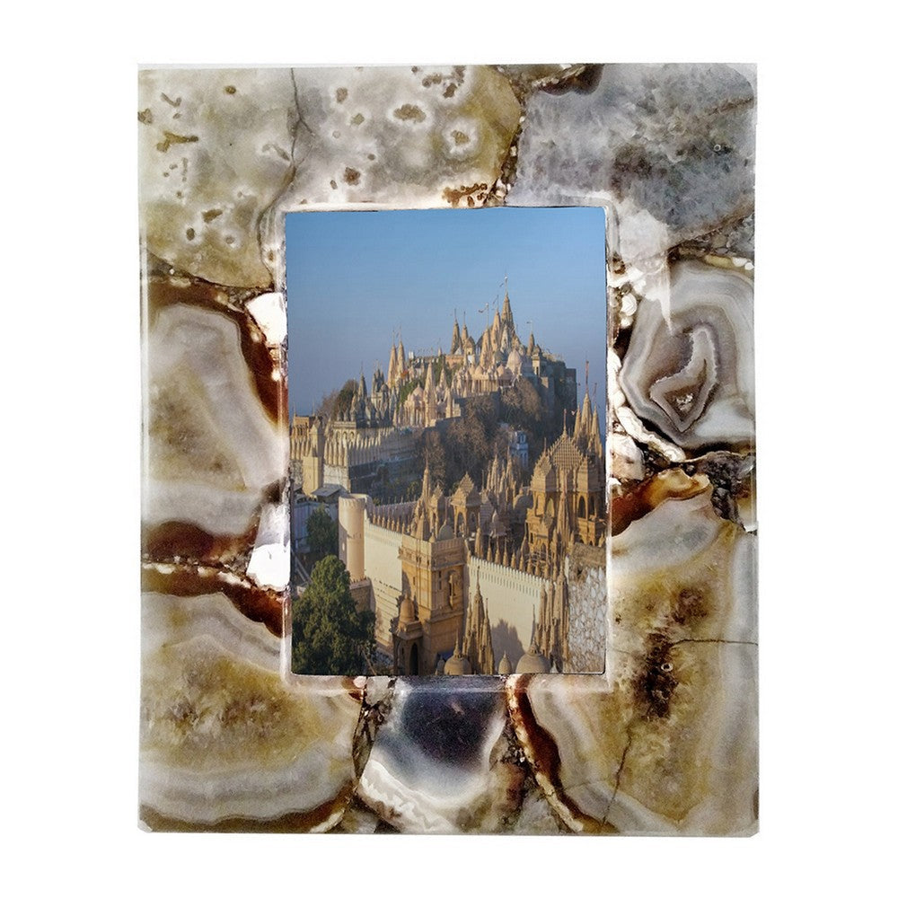 9 Inch Accent Photo Frame, Agate Stone, 6 Inch Photo Opening, Brown, White By Casagear Home