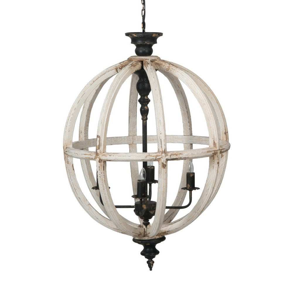 24 Inch 4 Light Chandelier, Round Fir Wood Frame, Iron, Antique White Black By Casagear Home